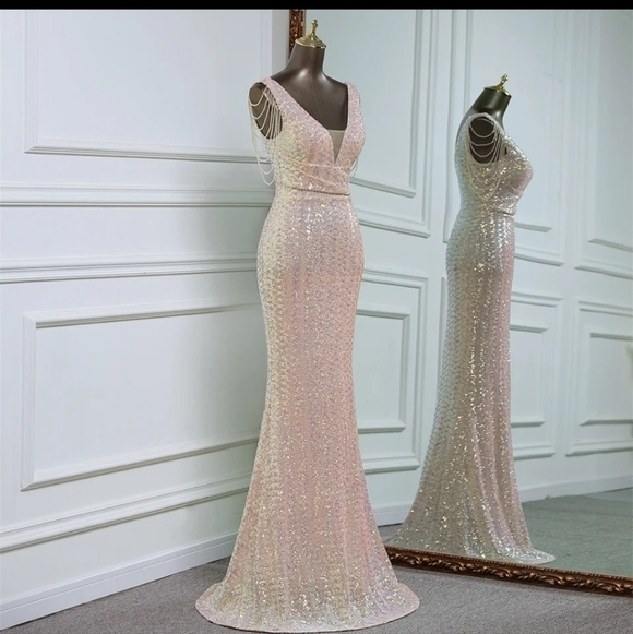 Pink, Sleeveless,  Backless,  V Neck, Beaded,  Contrast Sequined and Mes… - Picture 14 of 15